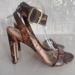 Sam Edelman Yola Snake Skin Block Heel Sandals Women's 10 Wide Ankle Strap Brown